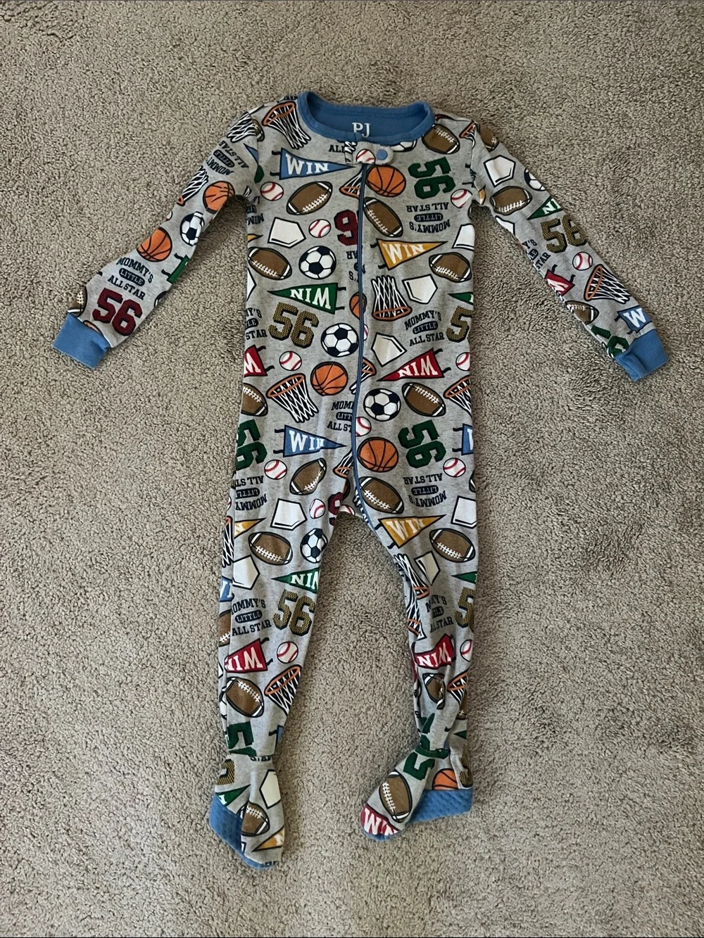 Gray Sports-Print Footed One-Piece Pajamas with Blue Trim